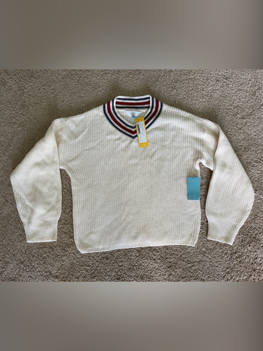 Market & Spruce Cream Knit Sweater with Red & Navy Trim